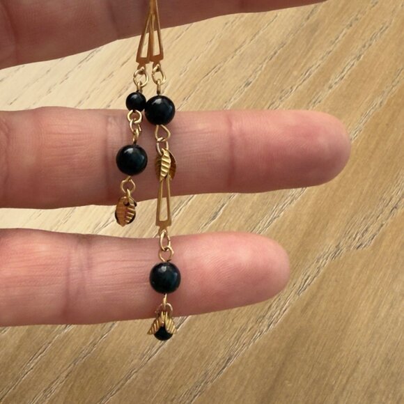Vintage Gold & Black Beaded Dangle Earrings With Leaf Accents - Picture 6 of 7